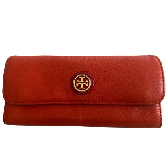 Tory Burch checkbook Larger Soft Leather Wallet Card Bold Fun Retro Orange Pink - Picture 1 of 11